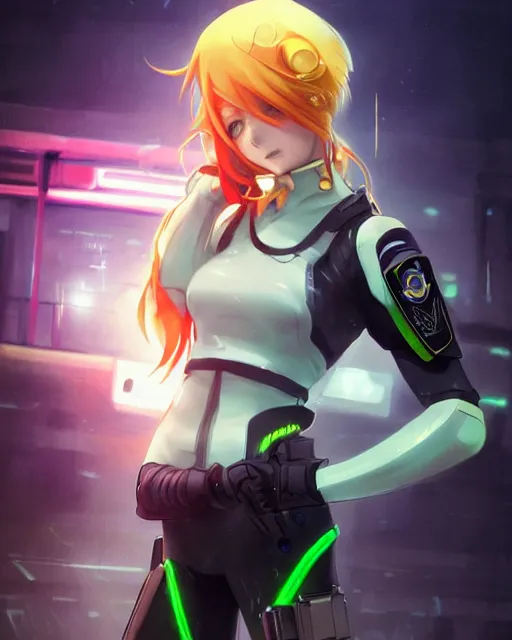 Prompt: nami, anime key visual of a young female swat officer, neon, cyberpunk, futuristic, white outfit, black swat vest, swat helmet, holding pdw, stunning, highly detailed, digital painting, smooth, soft focus, illustration, 4 k digital art from artstation by artgerm and greg rutkowski and alphonse mucha