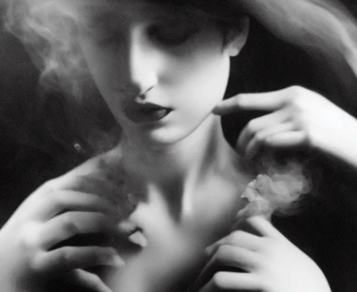 Image similar to mysterious scene of an enraged woman // detailed smoke, natural soft pale skin, innocence, sophisticated hands // noir, german expressionism, 20 century photography // old 35mm double-exposure photo, award-winning photography, grainy, cinematic, atmospheric, high contrasted // eerie, sophisticated and unsearchable masterpiece, deep shadows, balanced composition // depth of field, ambient occlusion, motion blur, HD, intricate details, sharp focus, natural textures, long exposure