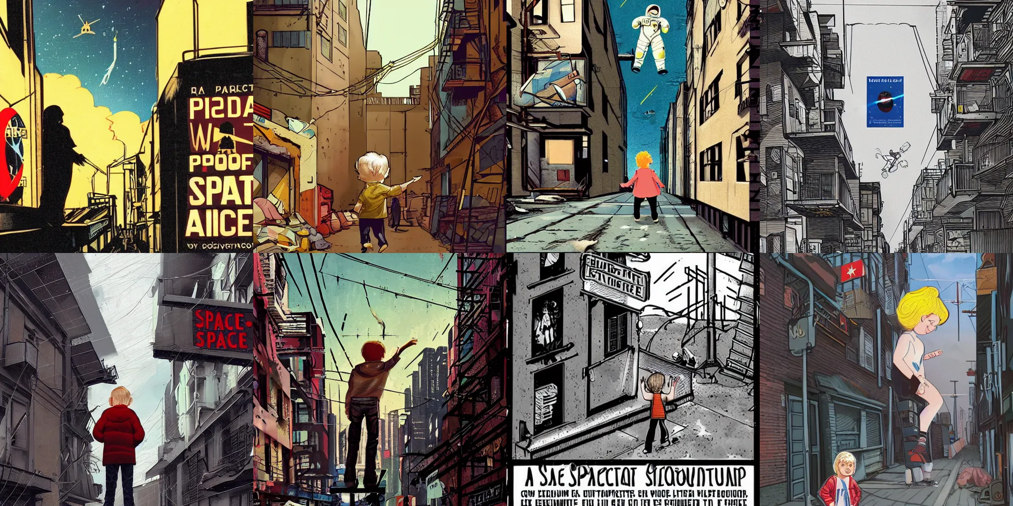Prompt: a small blonde child staring up at a WPA socialist space program astronaut recruitment billboard in an impoverished tenement cyberpunk violent dirty alley, science fiction, illustration