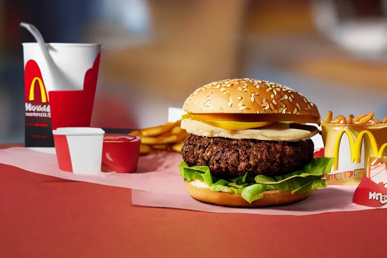 Image similar to mcdonalds bean burger in center of shot, commercial photograph