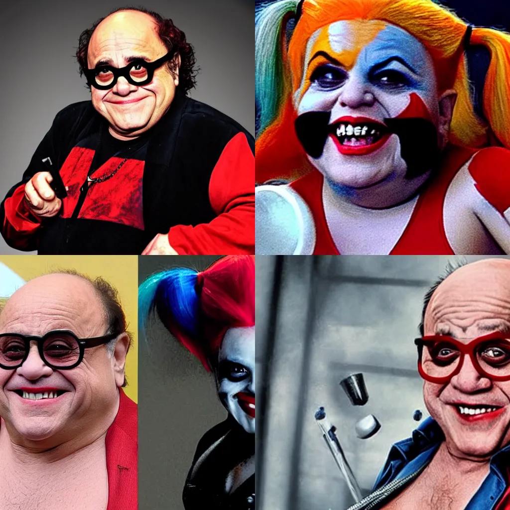 Prompt: Danny devito as Harley quinn