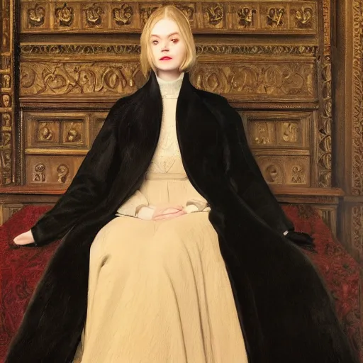 Prompt: Elle Fanning in a black coat, religious masterpiece portrait, oil on canvas, golden hour, in the world of Andrew Wyeth and Bloodborne, artstation, by J. C. Leyendecker and Peter Paul Rubens,