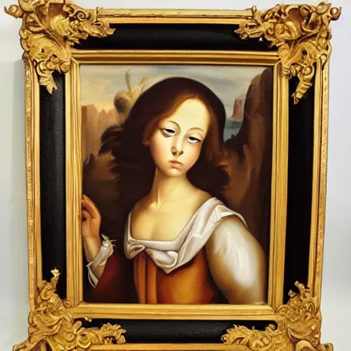 Image similar to renaissance oil painting, rococo, manga skinny creepy female painting like a mad woman