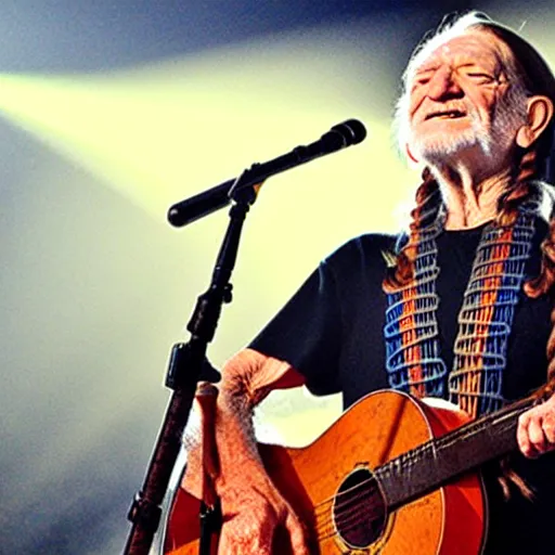 Image similar to willie nelson on stage, detailed, guitar. god rays through fog.