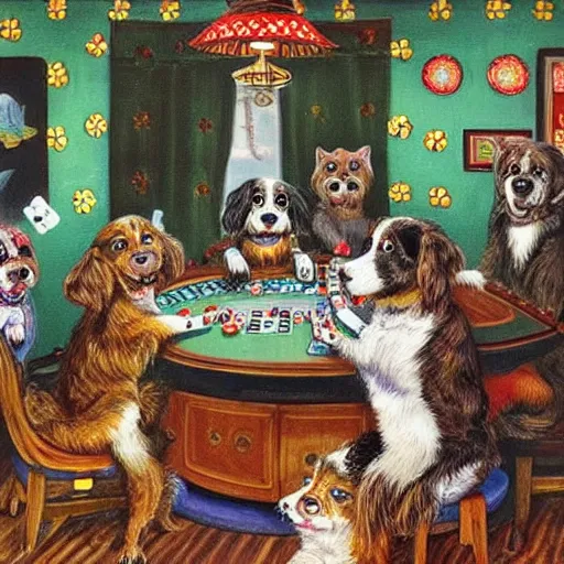 Image similar to dogs playing poker in the style of louis wain
