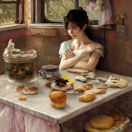 Prompt: prompt Sweet dragon, sleeping on the kitchen counter of a magical bakery, oil painting, by Fernanda Suarez and and Edgar Maxence and greg rutkowski