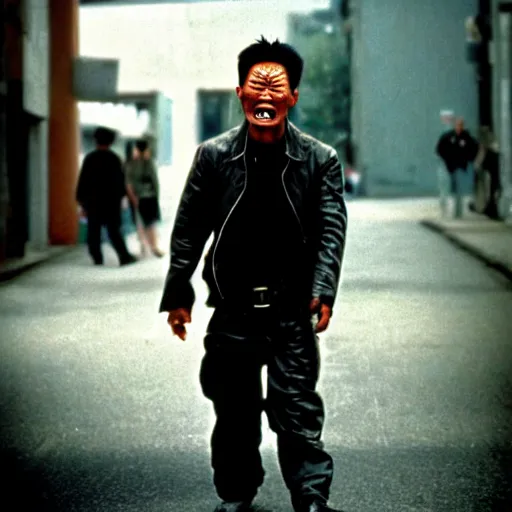 Image similar to crazy asian man in the role of terminator, film still