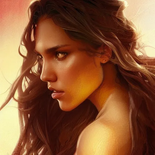 Image similar to beautiful young jessica alba, closeup, d & d, fantasy, intricate, elegant, highly detailed, digital painting, artstation, concept art, matte, sharp focus, illustration, art by artgerm and greg rutkowski and alphonse mucha