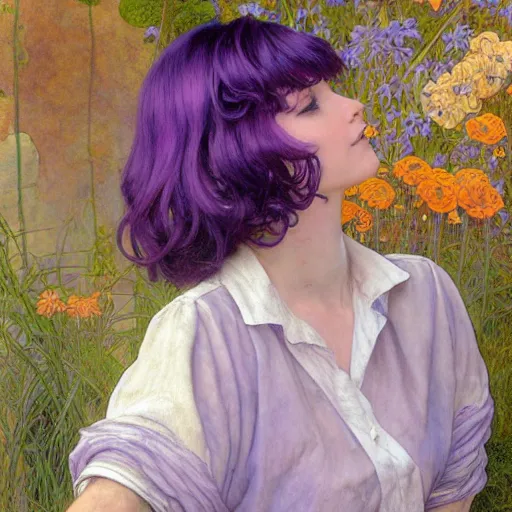 Image similar to A woman with violet hair and long pixie haircut in shorts and white shirt drawn by Donato Giancola and Jon Foster, frank frazetta, alphonse mucha, background by James Jean and gustav klimt, 4k, volumetric lighting, french nouveau, trending on artstation, octane render, hyperrealistic