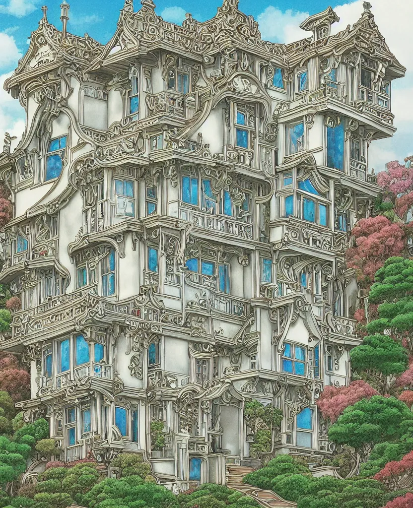 Prompt: 35mm photography of a single white studio ghibli house in the style of alex grey, ornate details and realistic windows”