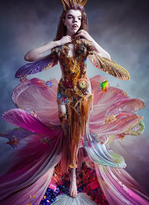 Prompt: expressive full body photo of anya taylor - joy, dress made of sweets and candies, glamour shot, by karol bak, stefan gesell, photorealistic, nikon d 4 x, fashion photography, hyper maximalist, elegant, ornate, luxury, elite, environmental portrait, symmetrical features, octane render, unreal engine, solid dark grey background, dramatic lights