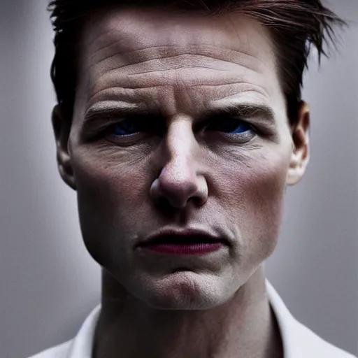 Image similar to realistic expired fuji film portrait of white albino tom cruise, hyperrealism, photorealistic, detailed, atmospheric, 8 k, award winning photography, style of vogue editorial, cinematic