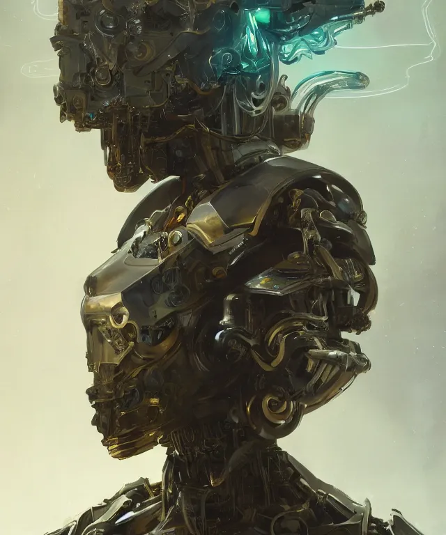 Prompt: a 4k cinematic full view ethereal android wearing an intricate mecha cyberpunk bone crown , Unreal Engine 5, God Rays, Lumen, by Peter Mohrbacher, by Ruan Jia, by Greg Rutkowski, by Leonardo Da Vinci, detailed and realistic, poetic and symbolic, rule of thirds, golden ratio, Trending on Artstation