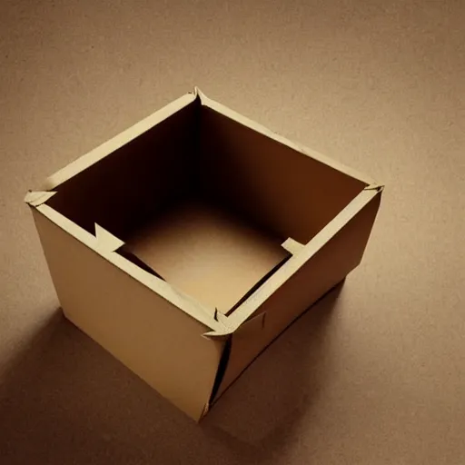 Prompt: a box sitting on a table, the opening to the box is a portal to another world