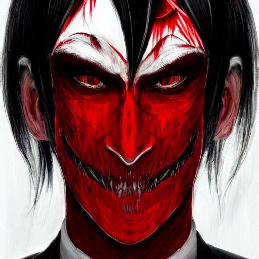 Prompt: full face shot of a butler with straight black hair, a red highlight, long bangs, with black eyes, sharp teeth, fancy bridegroom, ultra detailed, brush strokes, digital painting, cinematic, wlop artstation, pixiv, eerie, scary, intimidating glare, evil, demonic, yoshitaka amano, junji ito,