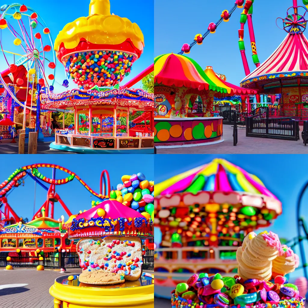 Prompt: cookie, ice cream, gumdrops, candy, and cake amusement park, 4k, DSLR photo, bright sunny day