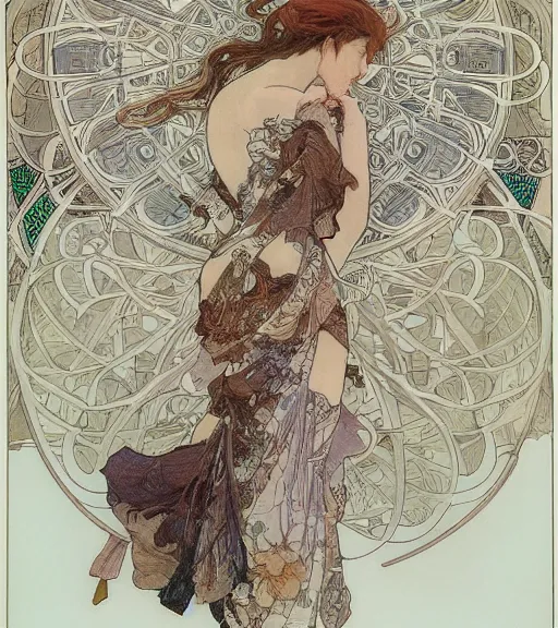 Prompt: yoshitaka amano painting, intricate line drawings, pen and ink, alphonse mucha, claire wendling, kentaro miura