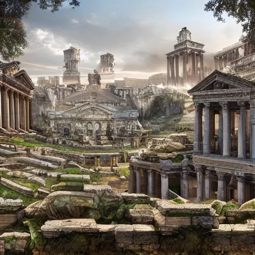 Prompt: sprawling roman city built in the roots of a collosal tree, wide shot, digital art, detailed, fantasy