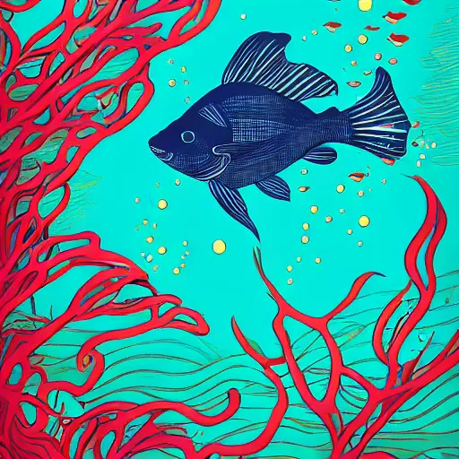 Prompt: one stylized fish in the ocean viewed in profile, seaweed, background with complex patterns, sparkles, artstation, intricate, realistic, highly detailed, digital painting, concept art, sharp focus, illustration by tom whalen and charles williams and kilian eng and james jean