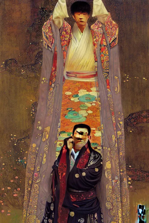 Image similar to a man wearing hanfu, muscular, detailed face, correct face, cyberpunk chinese ancient castle, fantasy, painting by Gustav Klimt, greg rutkowski and alphonse mucha