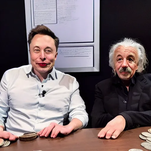 Image similar to photo of elon musk and albert einstein sitting next to each other at a table with a pile of coins