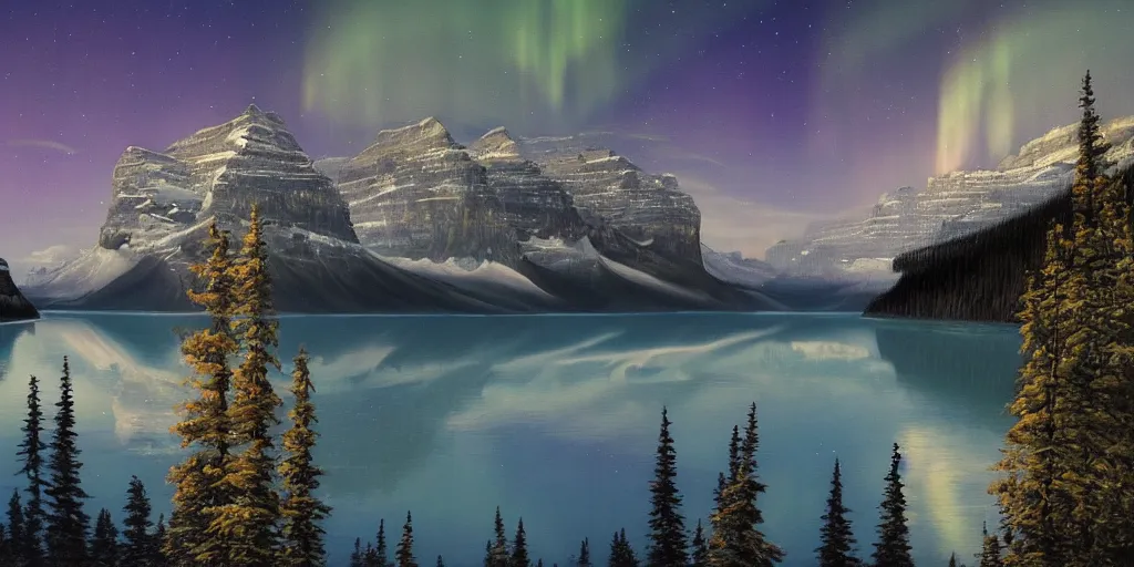 Prompt: a matte painting of Lake Louise in fall, moonlight, northern lights, highly detailed, artstation