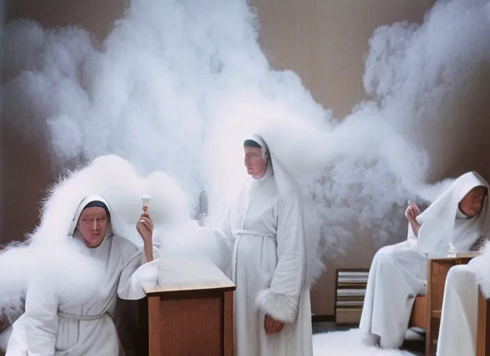 Image similar to realistic photo of a two medieval female nuns scientists wearing white cotton robes, doing an experiment with a fluffy furry fur cloud, living room interior is made of wood 1 9 9 0, life magazine reportage photo, natural colors