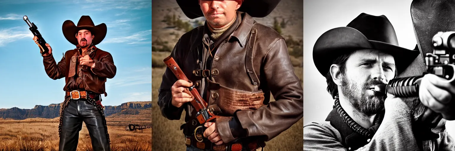 Prompt: Leather cowboy ready to fire his magical gun at the camera, in the style of an old western historical photo