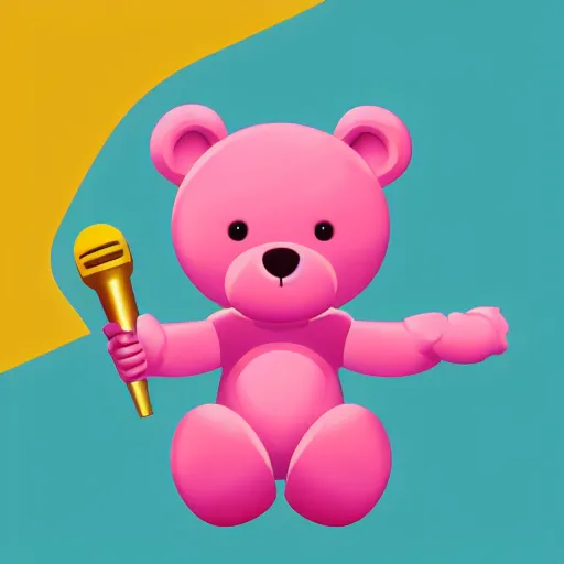 Image similar to iconic vector logo of cute cuddly pink bear with a podcast microphone, melodic, headphones, music, streaming, dreamy, isometric, adorable, octane render, golden ratio, 4k UHD, iconic design