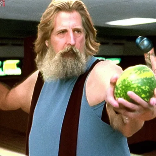 Prompt: big lebowski bowling a watermelon