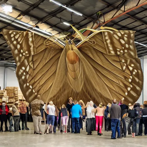 Prompt: a group of people gathered in a warehouse, worshipping a giant moth, highly detailed, 8 k, realistic,