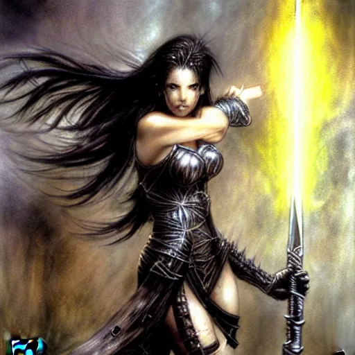 Image similar to female warrior, black hair, glowing sword, cinematic, by luis royo