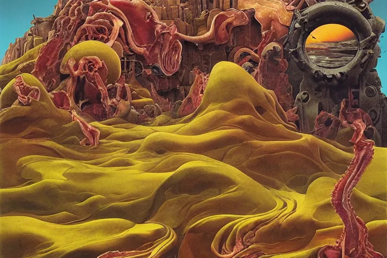 Prompt: molten watches over a surreal landscape, bloated, fluid, smooth, organic, crazy, bright, colours, tumours, high contrast, sharpness, dramatic, very detailed, intricate, by giger and corben and moebius and beksinski and bosch and bacon and dali