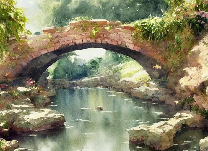 Image similar to watercolor of rustic stone bridge with mural, ivy, summer daylight, bright clear day, clouds, high detailed art by dennis miller bunker, work by anders zorn, wonderful masterpiece by greg rutkowski, beautiful cinematic light, american romanticism by greg manchess, creation by tyler edlin