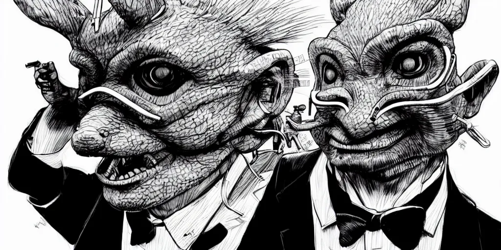 Prompt: a man in a black suit wearing an axolotl mask. ultrafine hyperdetailed illustration by kim jung gi