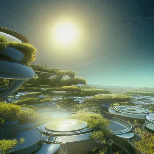 Image similar to panorama,utopia,science fiction,bio-inspired,organic,sunny,redshift render