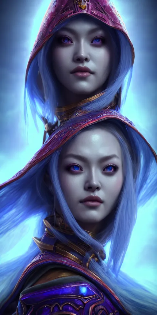 Image similar to ( ( ( ( ( hyperrealist distant portrait of empress sylvanas windrunner on a blue planet where it rains colors. ) ) ) ) ) by bayard wu, fantasy, photorealistic, octane render, unreal engine, dynamic lighting, trending on artstation, poster, volumetric lighting, very detailed faces, 4 k, award winning