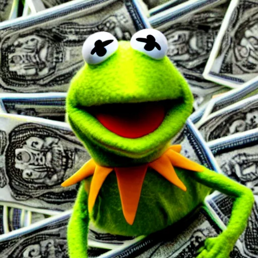 Prompt: Kermit the frog on top of a pile of money, laughing maniacally, big smile, full body, high definition