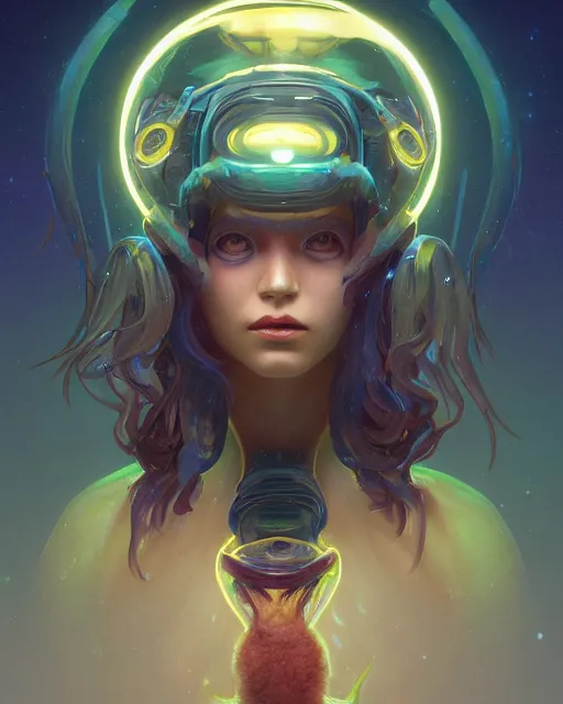 Image similar to one singular portrait of a cute bioluminescent creature with big glowing eyes, highly detailed, digital painting, cinematic, hyper realism, dark retrowave, art by Stanley Lau and Artgerm and magali villeneuve and Alphonse Mucha, artstation, octane render, cgsociety