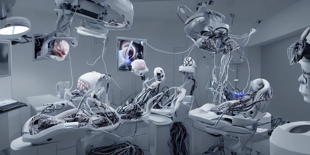 Prompt: a face transplant in an operating room with robotic surgeons with a lot of wires, photorealistic, by wlop, 4 k resolution
