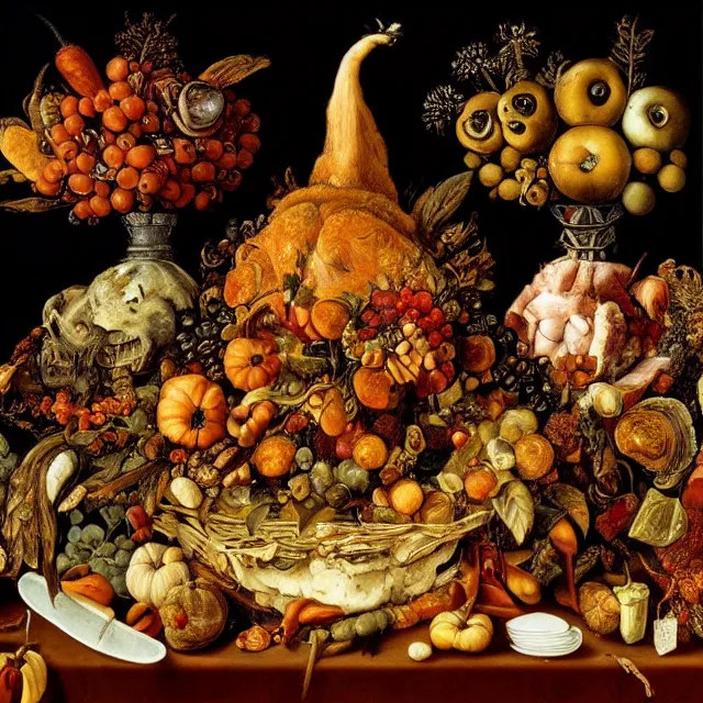 Prompt: thanksgiving supper, black background, still life by giuseppe arcimboldo, vanitas, intricate high detail masterpiece