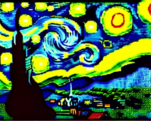 Prompt: Red green and black color scheme Starry Night by van Gogh, re imagined as 8 bit pixel art.