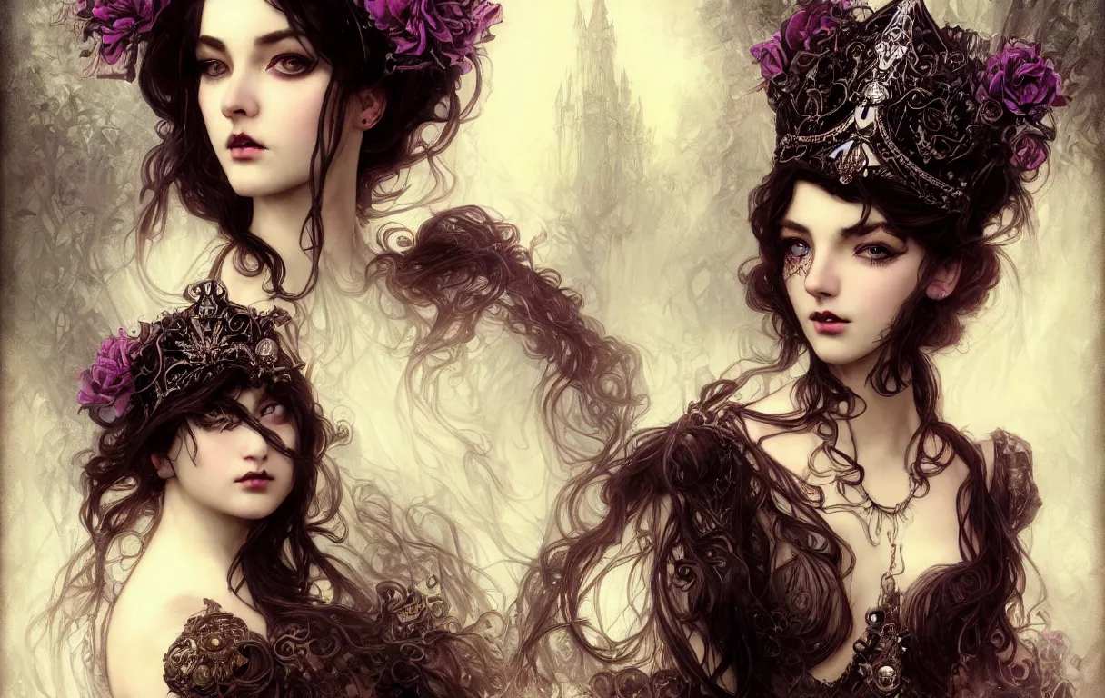 Prompt: beautiful and luxury and victorian and gothic and dieselpunk young medieval dark crown princess portrait like blackpink lisa + smoky eyes + front face with light flowing hair, ultradetail face, art and illustration by tian zi and craig mullins and wlop and alphonse mucha, fantasy, intricate complexity, human structurefantasy character concept, watermark, blurry, hyperrealism 8 k