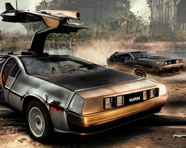 Image similar to delorean rusting and destroyed under water, cinematic, photoreal, by red dead redemption 2