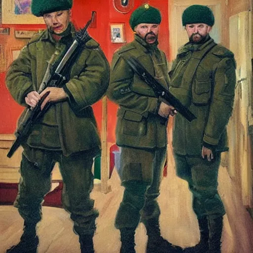 Prompt: modern red berets soldiers inside of a pub, by valentin serov tretiakov gallery, soldiers wearing tactical clothing, 2 1 st century, cinematic, award winning