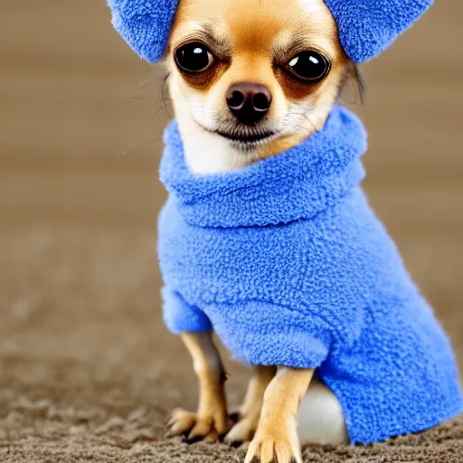 Image similar to a cute chihuahua wearing a fuzzy sweater, high resolution photo