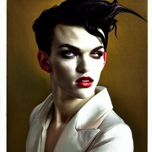 Image similar to stunning portrait of androgynous ruby rose as desire from sandman in a white tuxedo!!!, rockabilly style, dave mckean, by alphonse mucha, by jeremy mann, by peter lindbergh, by frank moth, white suit and black tie, soft lightning, high detailed, 8 k