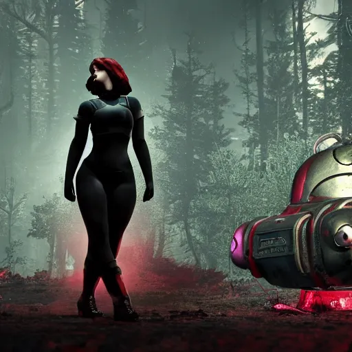 Image similar to A girl in a noir outfit stands next to a power armor from the company core-cola, red coloring, stands against the background of a radioactive forest, graphics, fallout 4 render, 3d computer render, maximum details, rain, night, spotlight,