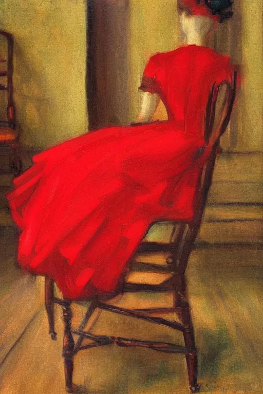 Prompt: an empty red dress laid across a chair in a dark victorian era room. in the style of american impressionism painting. triadic color scheme