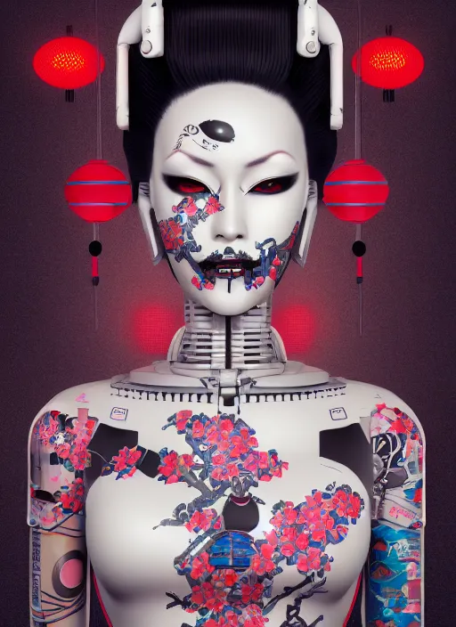 Image similar to full body portrait of a gothic japanese robot geisha with kanji tattoos and decals wearing a digital pixelated kimono, intricate design, photorealistic, octane render, raytraced, ultra fine detailed, character design, trending on artstation